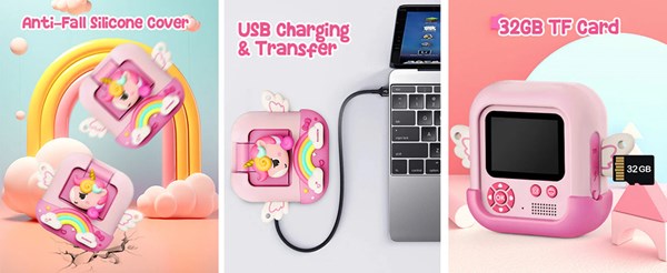 دوربین عکاسی و فیلمبرداری دیجیتال کودک با چاپ فوری حرارتی طرح یونیکورن بنفش مدل M9_اسباب بازی دیجیتال و هوشمند