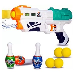 تفنگ اسباب بازی آب پاش دو کاره به همراه توپ اسفنجی و بولینگ_اسباب بازی تفنگ
