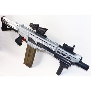 تفنگ اسباب بازی شارژی رگباری تیر فومی 6 موتوره به همراه چراغ و لیزر_اسباب بازی تفنگ