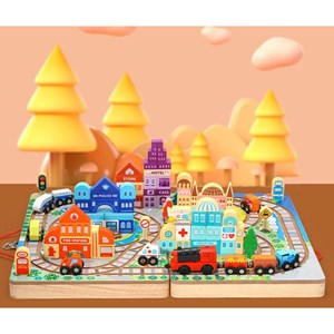 پازل شهر کوچک چوبی تاشو همراه با قطار و ماشین، 90 قطعه مدل TOYARTSY Track Box City_بازی فکری