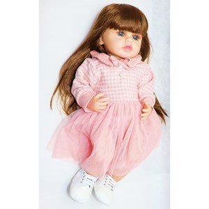 عروسک سیلیکونی دختر بچه 50 سانتی سخنگو با پیراهن صورتی_اسباب بازی عروسک دخترانه