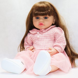 عروسک سیلیکونی دختر بچه 50 سانتی سخنگو با پیراهن صورتی_اسباب بازی عروسک دخترانه