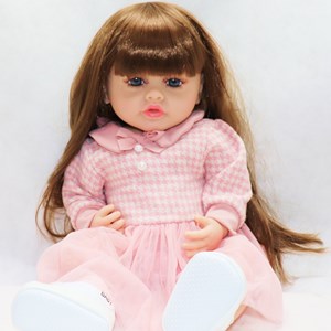 عروسک سیلیکونی دختر بچه 50 سانتی سخنگو با پیراهن صورتی_اسباب بازی عروسک دخترانه