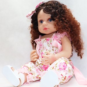 عروسک سیلیکونی دختر بچه 50 سانتی سخنگو با گل سر صورتی_اسباب بازی عروسک دخترانه