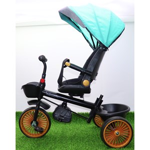 سه چرخه فلزی با سایه بان رنگ فیروزه ای